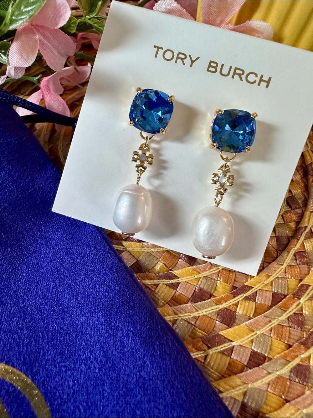 Tory Burch Gold, Blue & White Crystal Pearl Drop Earrings - Picture 3 of 5